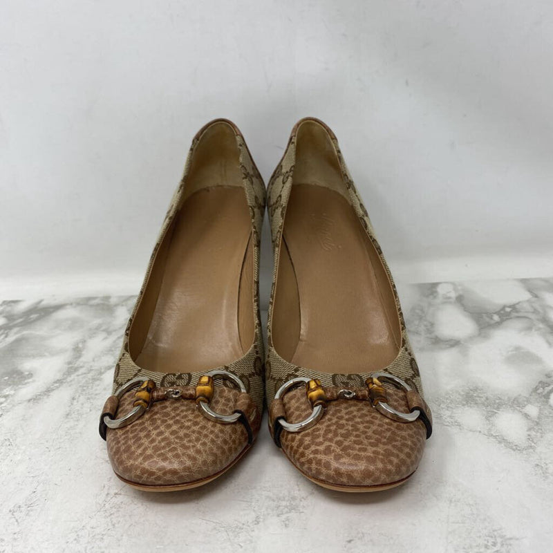 GUCCI WOMEN'S HEELS tan brown mix 38.5